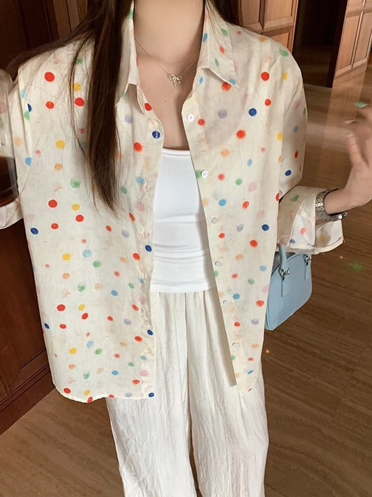 Jmprs Rainbow Dot Sweet Shirt Women Korean Loose Long Sleeve Fashion Blouse Fall Elegant Casual All Match Female Chic Tops New