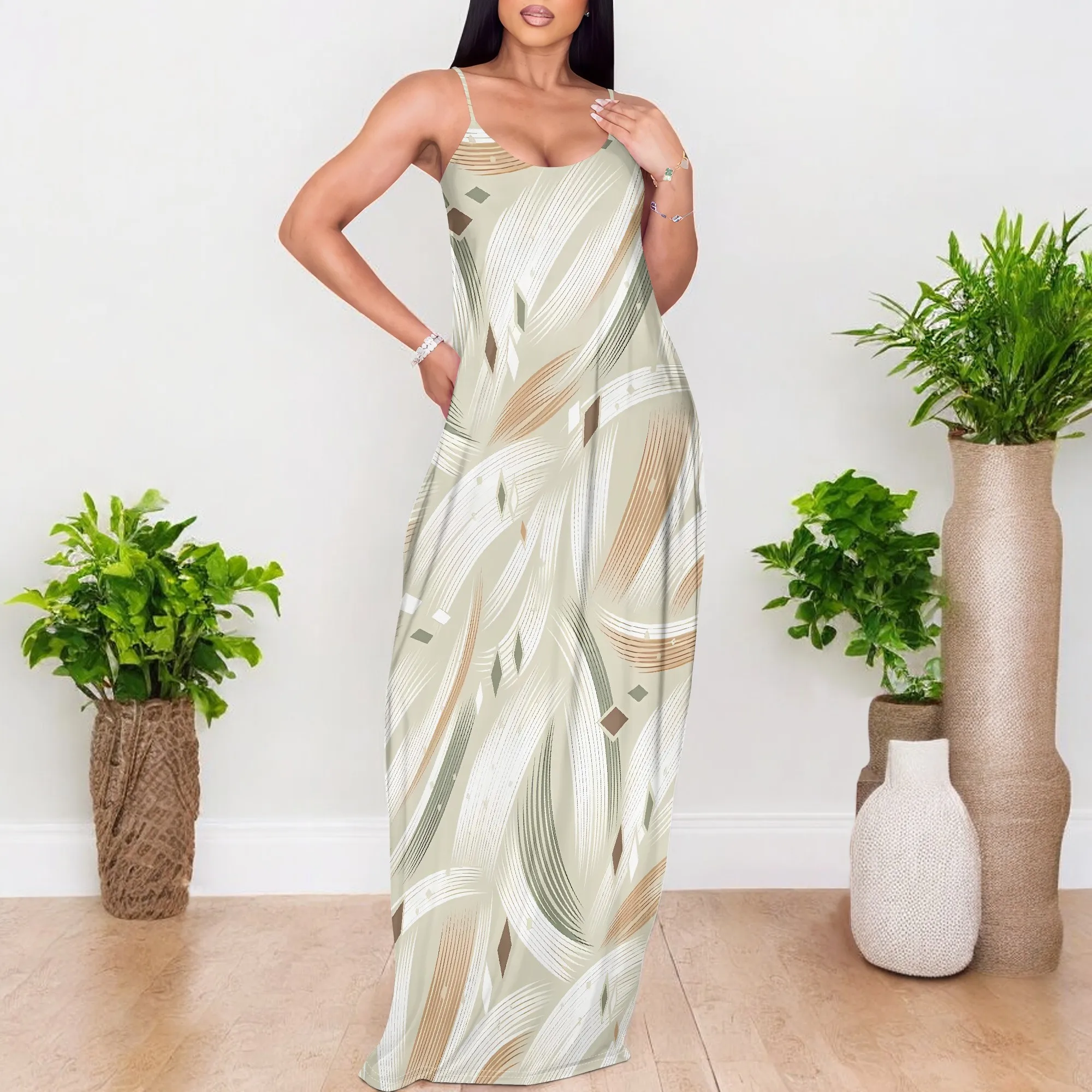 

EQQZD Elegant Spaghetti Strap Maxi Dress, Sleeveless & Round Neck, Abstract Style Print Halter Dress