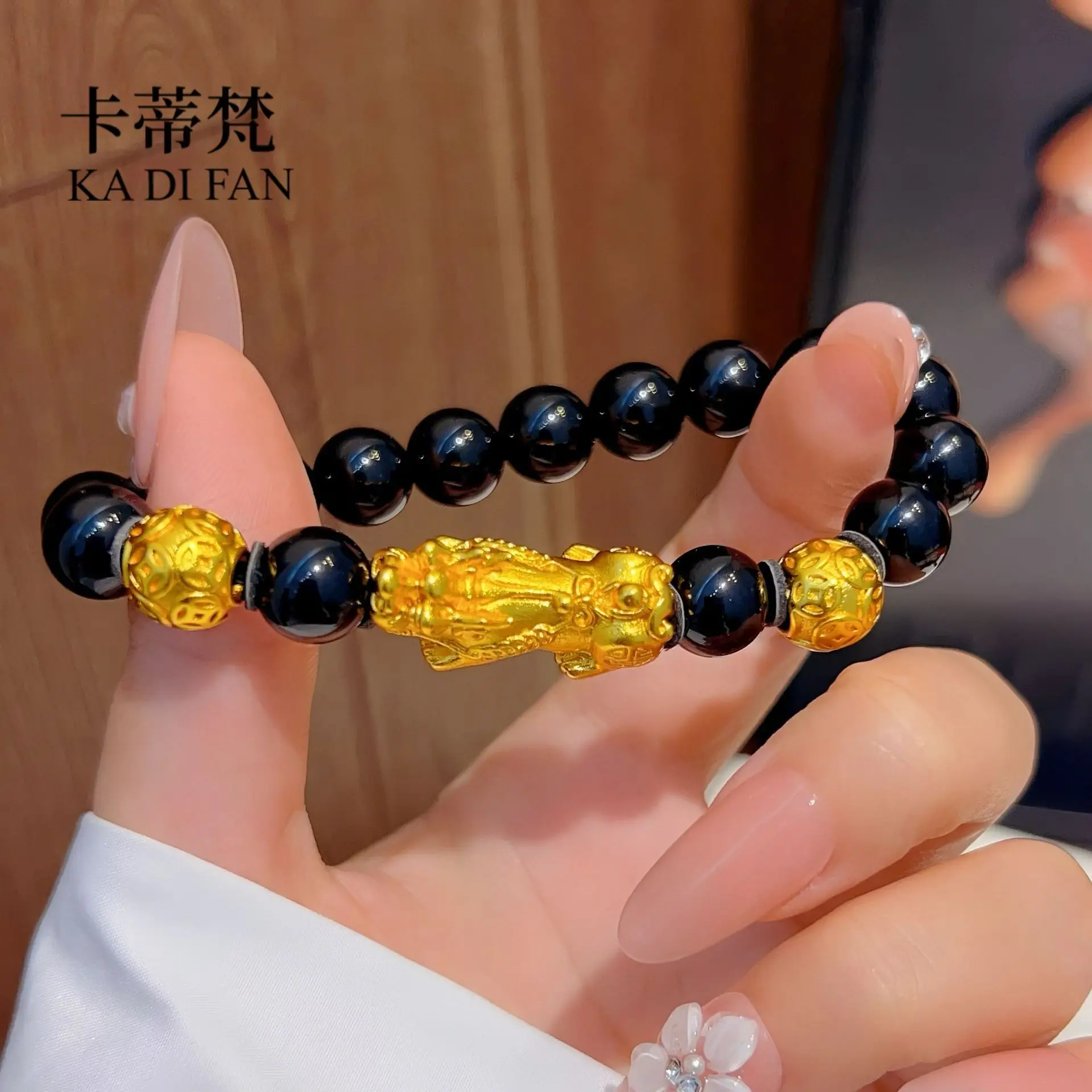 Luxury jewelry 24K real gold lucky Pixiu bracelet transfer beads au999 pure gold black agate bracelet for men and couples