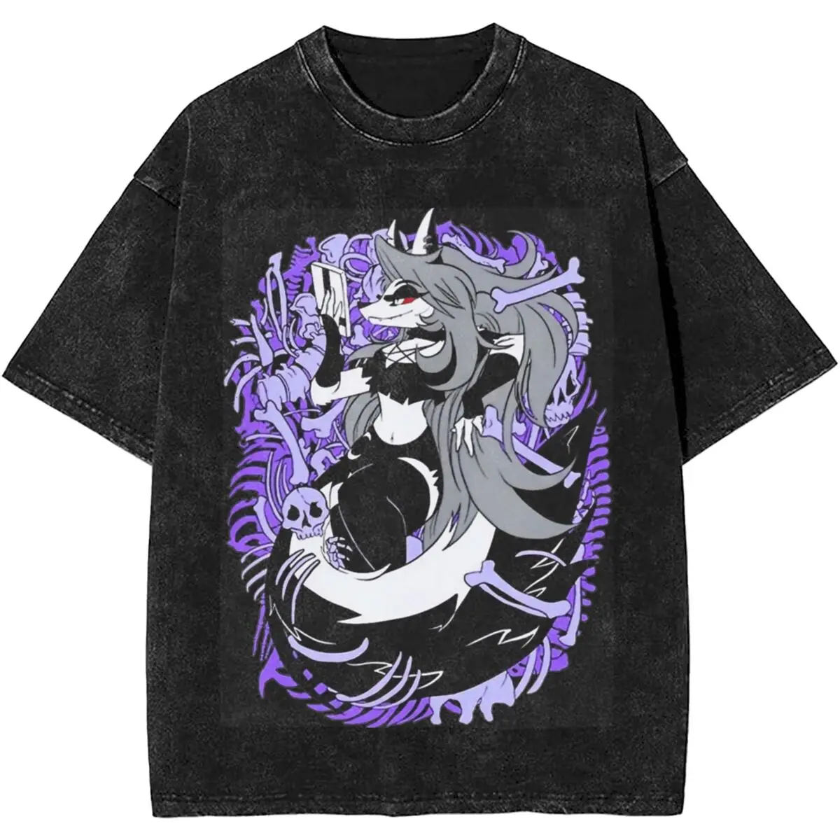 تي شيرت مغسول كبير الحجم H-Helluva Boss Loona تي شيرت فضفاض تي شيرت هيبي للرجال صيفي Y2K تصميم ريترو #1