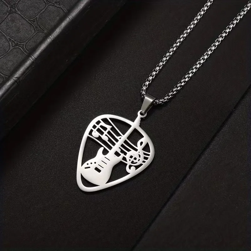 Hip Hip Rock Stainless Steel Guitar Pick Necklace Bass Musical Note Pendant Box Chain Necklaces For Men