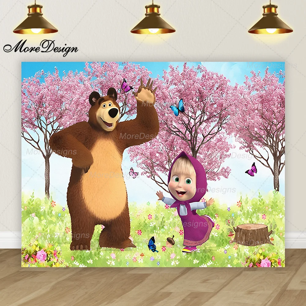 Dekorasi Pesta Ulang Tahun anak-anak latar belakang foto Masha and the Bear spanduk latar belakang kain poliester vinil hewan lucu kartun