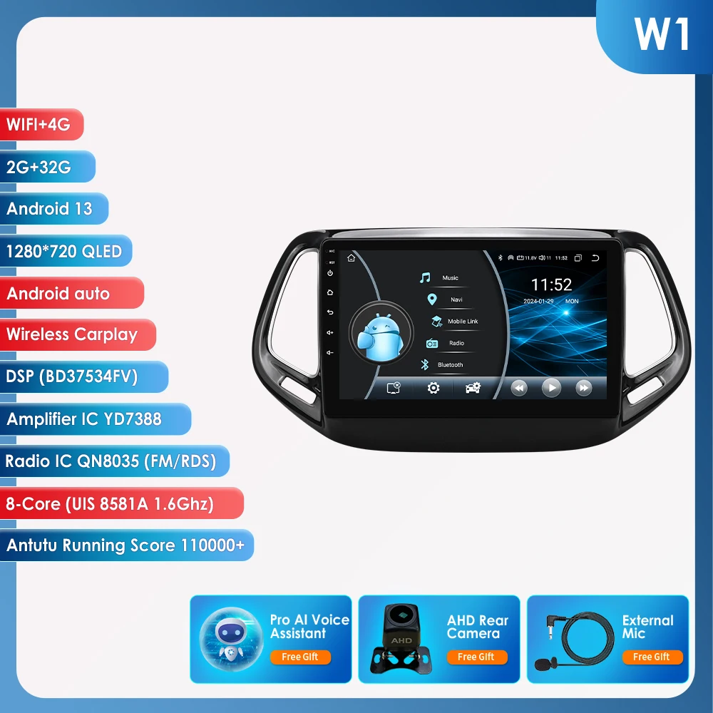 Draadloze CarPlay Android Auto autoradio voor Jeep Compass 2017 - 2020 GPS Intelligent Systems Stereo Multimedia Autoradio 4G 6115
