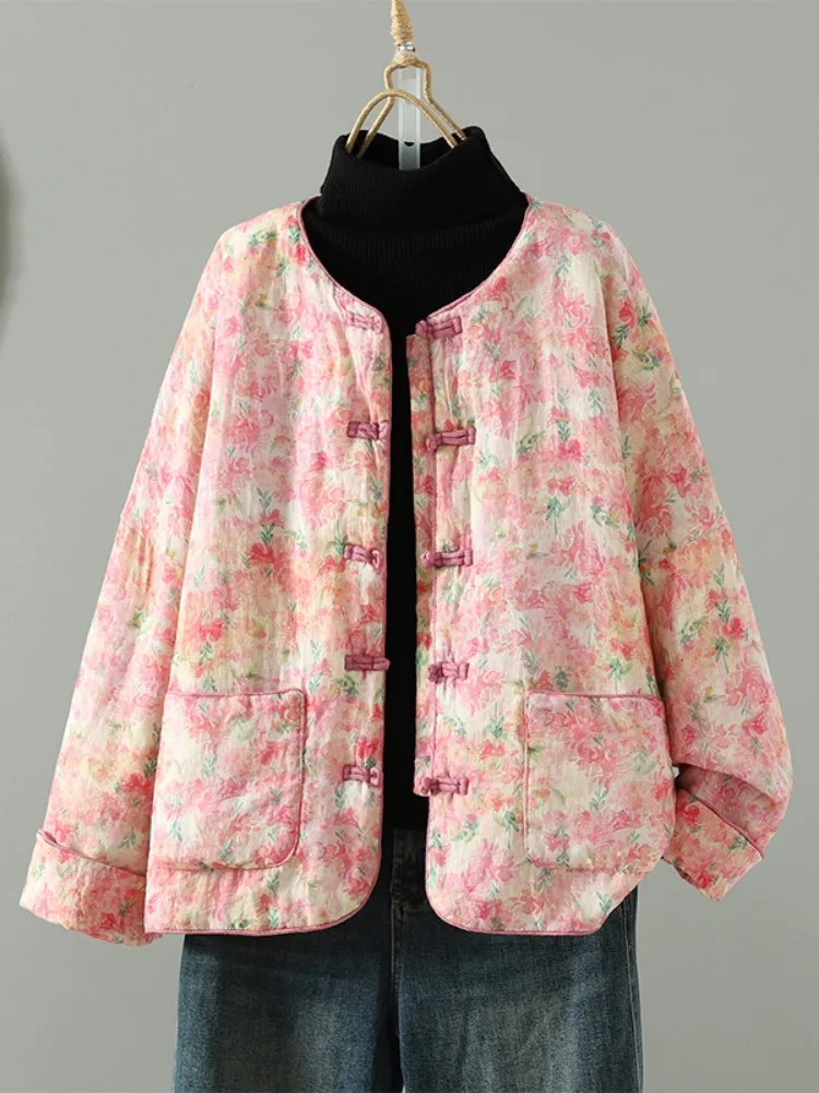 Retro Pink Floral Print Cotton Jacket Women's Winter Coat Buttonless Loose Fit Casual Style Warmth Comfortable Chinese Style