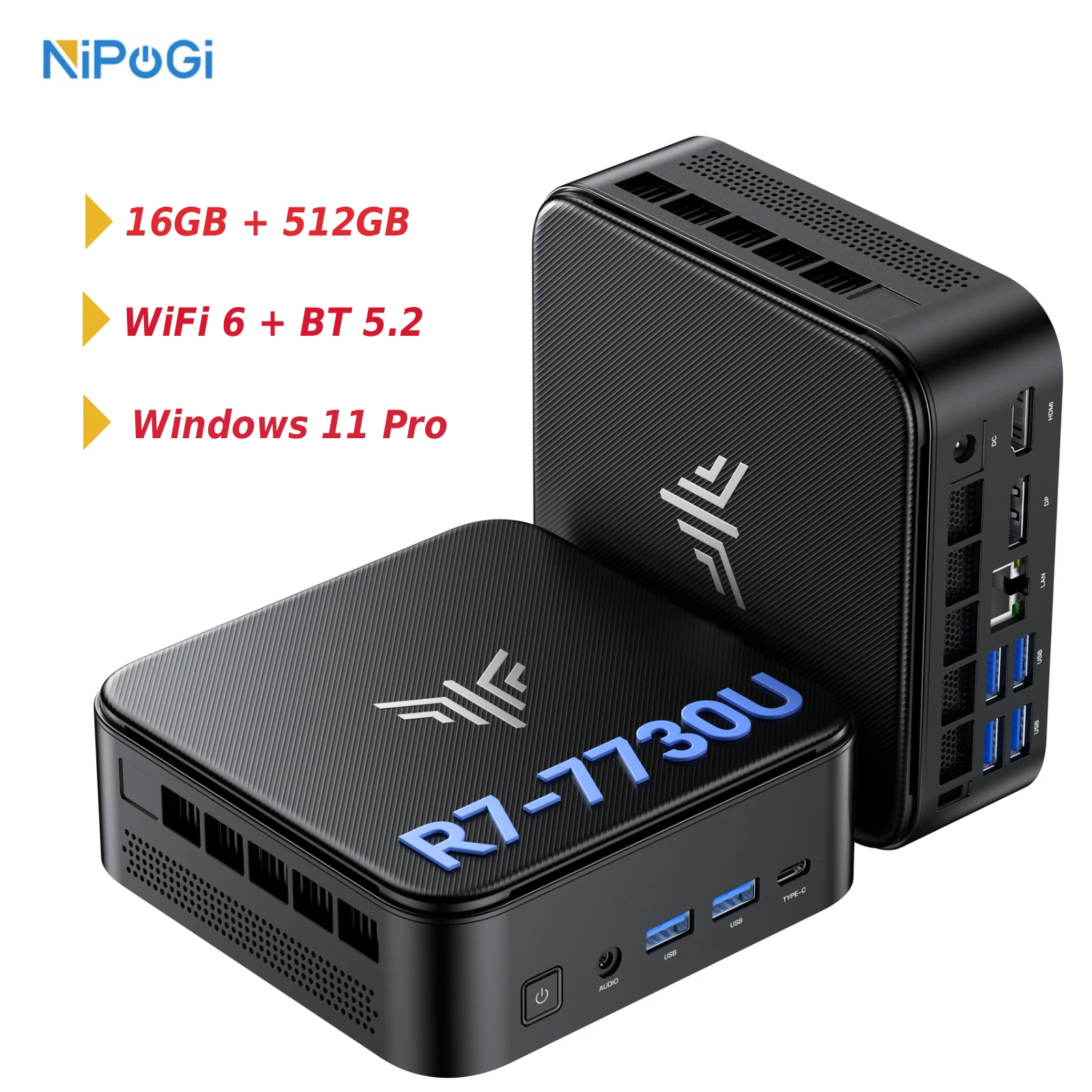 NIPOGI ウルトラミニPC AMD Ryzen 7 7730U 16GB LPDDR4X 512GB SSD デュアルファン トリプルディスプレイ WiFi6E BT5.2 デスクトップコンピュータ Win11 Pro