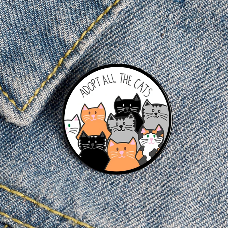 Fashion Adopt All the Cats Sticker Printed Funny Pin Shirt Lapel teacher Bag Cute Badge Cartoon pins for Lover Girl