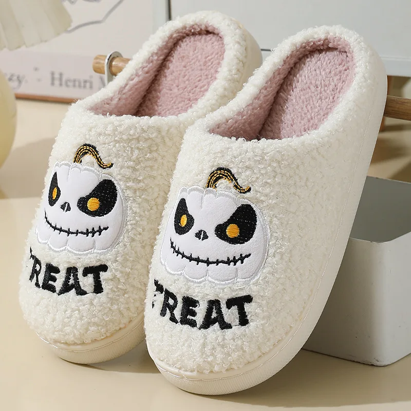 Halloween Pumpkin Embroidered Cotton Slippers Women Winter Comfortable Soft Sole Couple Shoes Woman Non Slip Flat Plush Slides