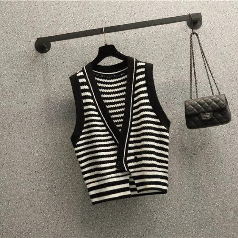 2022 Black White Striped Pants Set Casual Vest Shirt Teousers Three Piece Set Elegant Women\'s Tracksuit Female Clothing