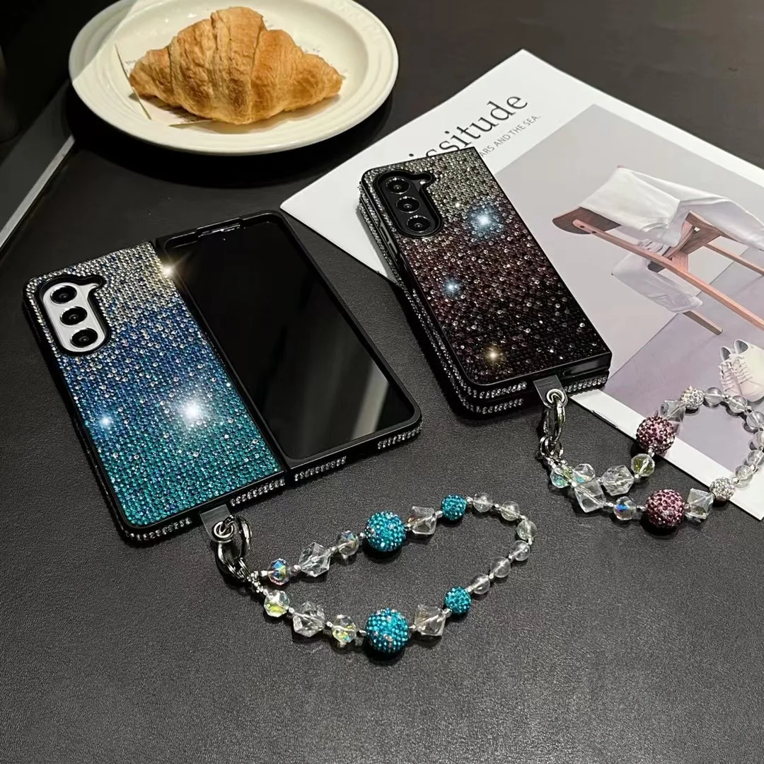 Bling Gradient Full Diamond Case for Samsung Galaxy Z Fold 6 Z Fold 5 Z Fold 4 Z Fold3 Woman Shiny Gem Bracelet Protective Cover