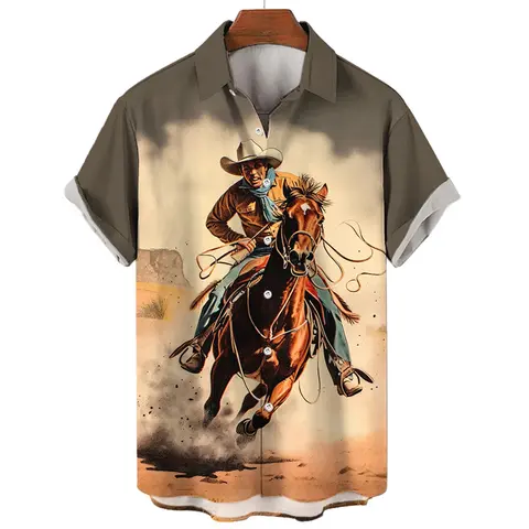 Desert Cowboy 3D Printed Shirts For Men Clothes Casual Vintage Short Sleeve Streetwear Mens Lapel Blouse Y2k Shirts & Blouses