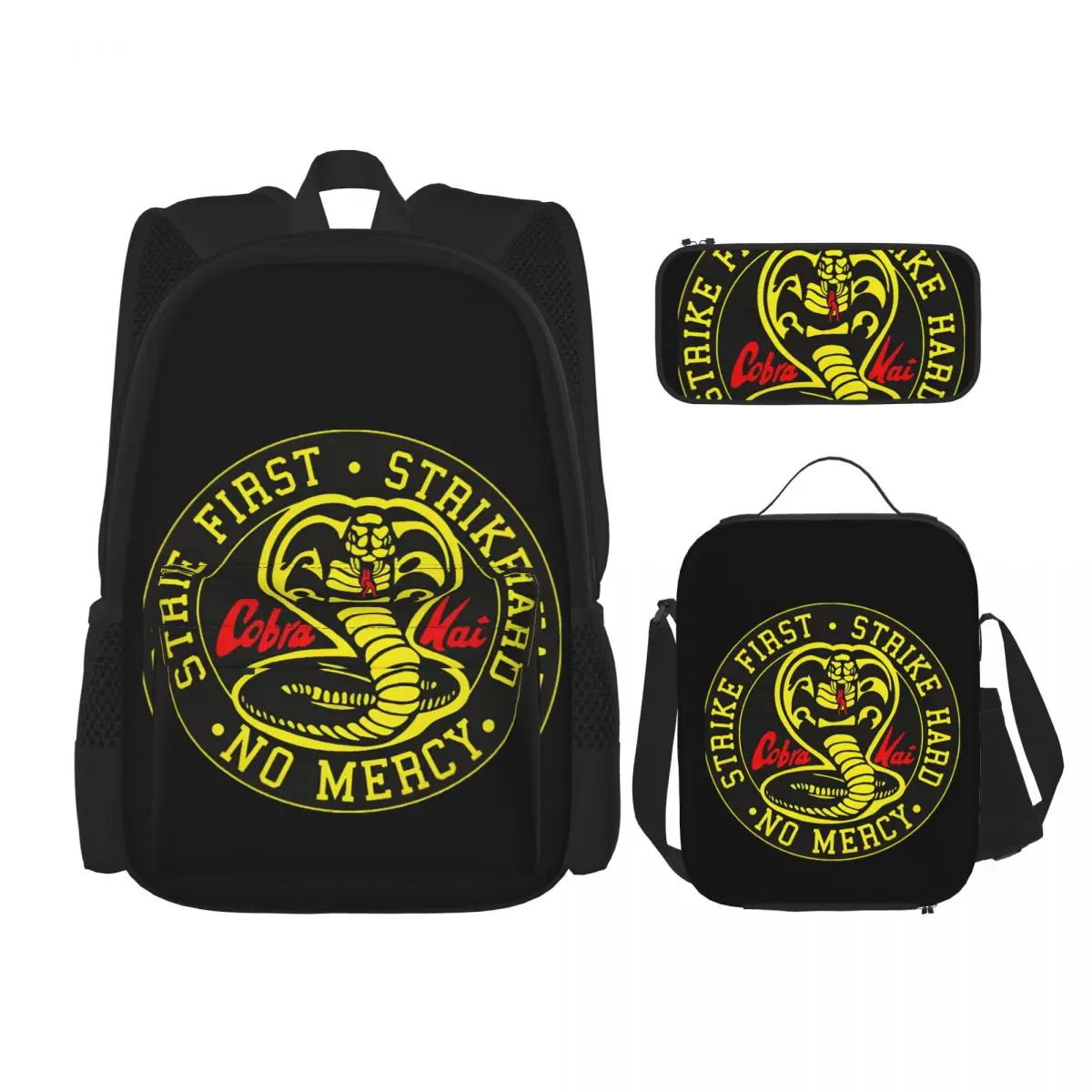 Cobra Kai Cobra Kai No Mercy Backpacks Boys Girls Bookbag Children School Bags Kids Rucksack Lunch Bag Pen Bag Three-Piece Set