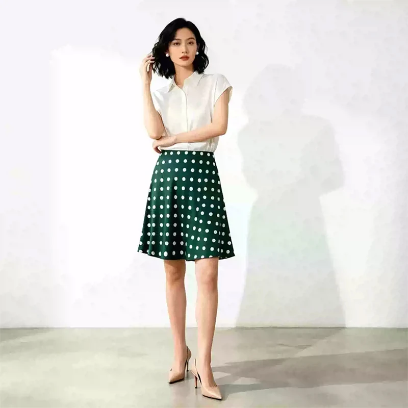 93% Mulberry Silk 7% Spandex Sexy Women Short Skirt Dark Green Polka Dots Printed Mini Pencil Skirt Bodycon Skirt QQ095