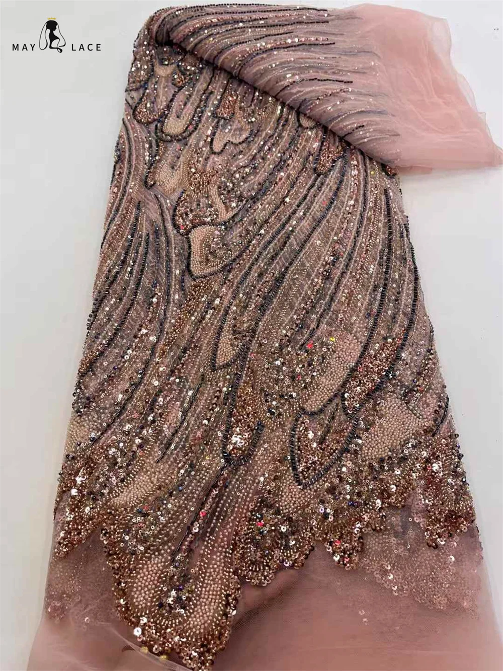 

Beaded Lace Fabric Luxury Nigerian Sequins Lace Fabric 2025 High Quality Lace Burnt Tulle Beaded Lace Fabric For Wedding Dress