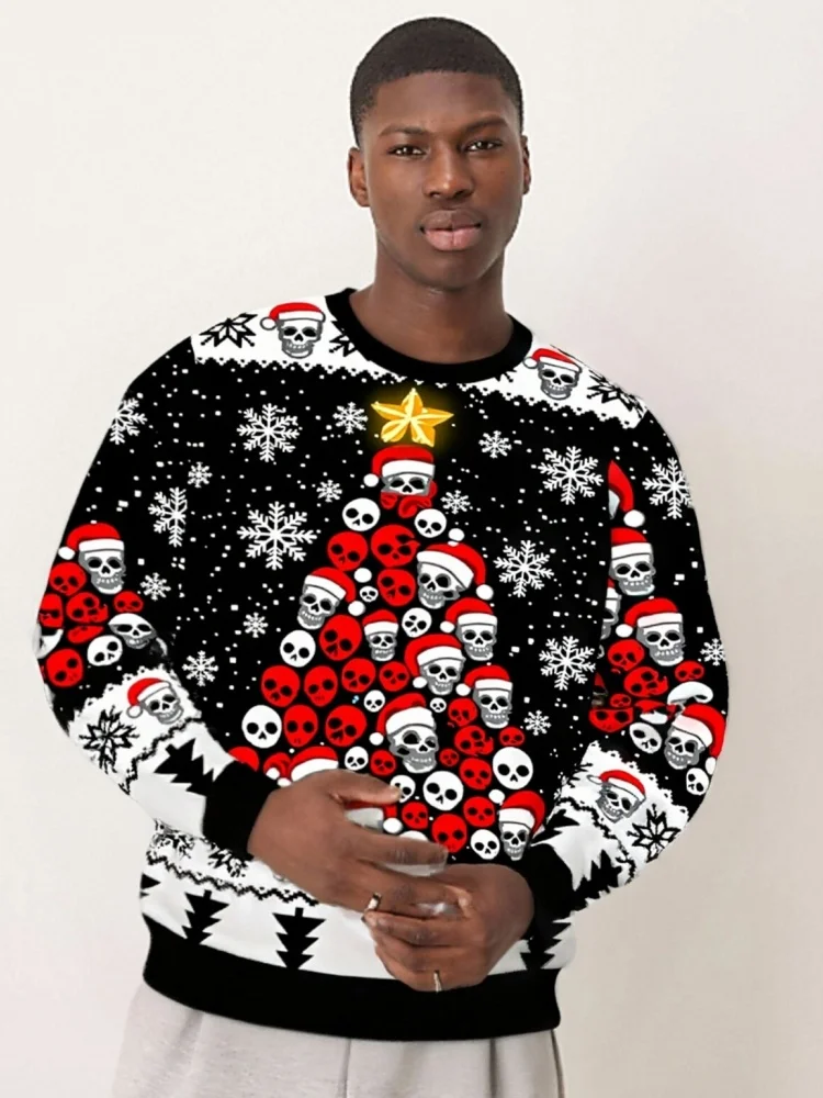 

Men's Long Sleeve High Quality Sweatshirts Christmas Fashion Holiday Dropped Shoulder Oversized Pullovers Skull Santa Print Tops