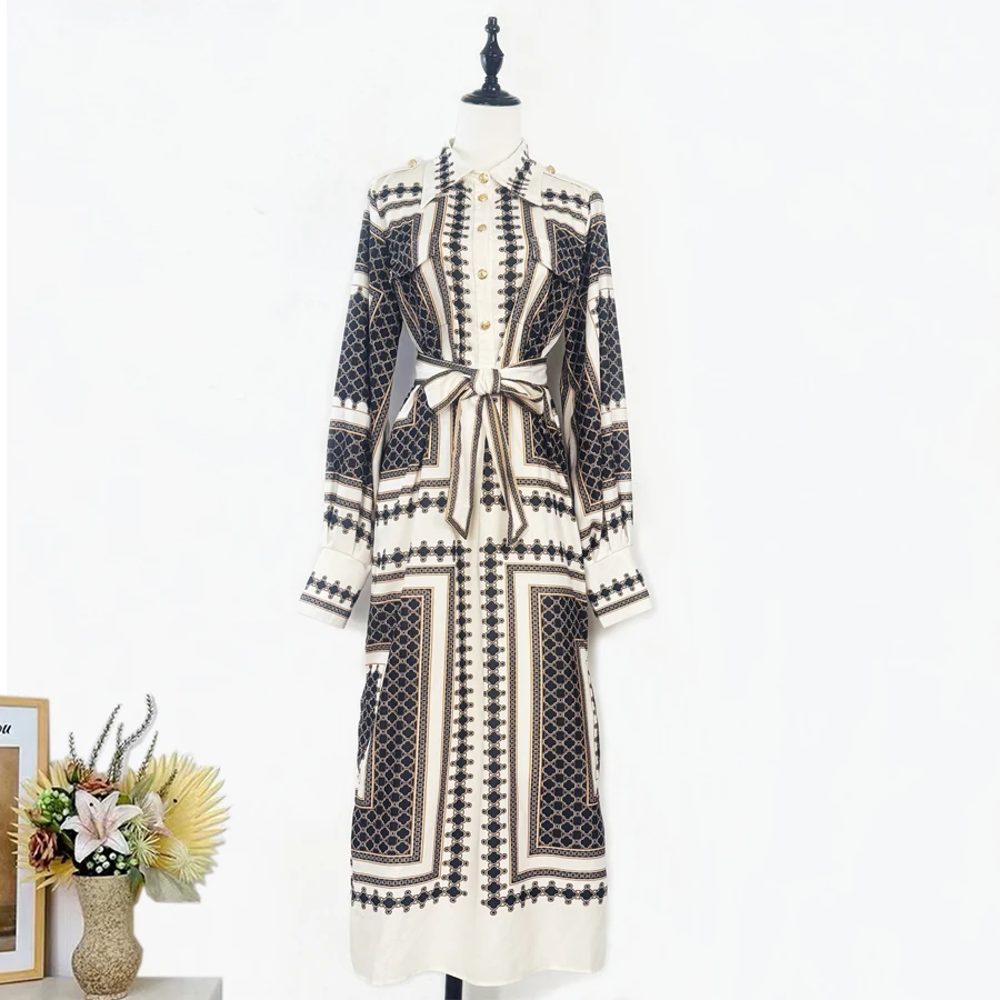  Bla Geometric Print Silk Scarf Dr irt Skirt High-End Autumn New Sle Printed Midi Dr with Lantern Sves