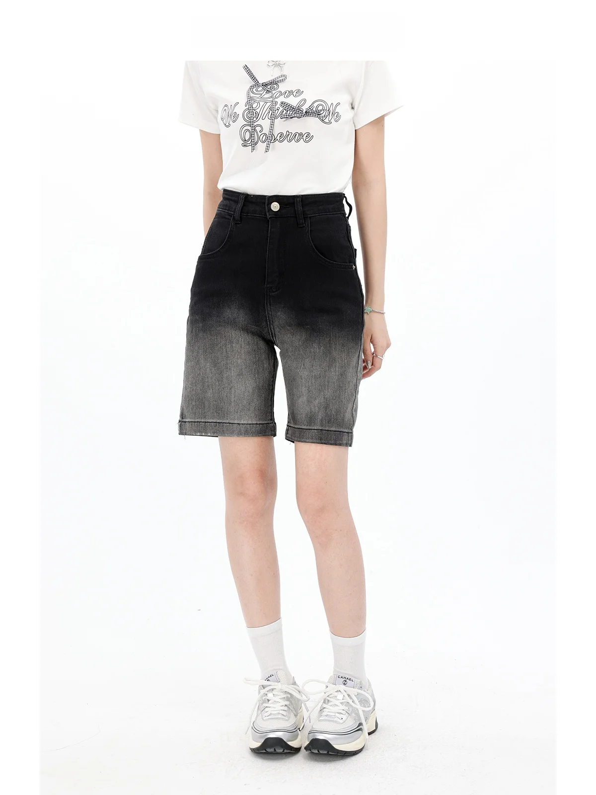 

High Waist Straight Leg Gradient Denim Pants Summer Women Loose Wide Leg Slimming Five-Quarter Length Jeans by Limeng