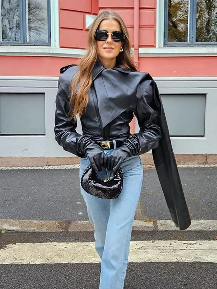 Women Pu Leather Cape Jackets Vintage Cloak Shawl Collar Coats Zipper Ladies Spring Fashion Slim Cool Streetwear FemaleTops