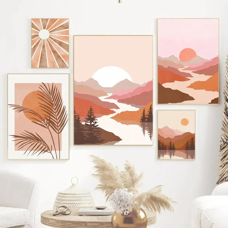 Abstract Bohemian Sun Mountain and River Wall Art Poster Flower and Leaf Line Oil Painting Nordic Landscape Painting Decoration