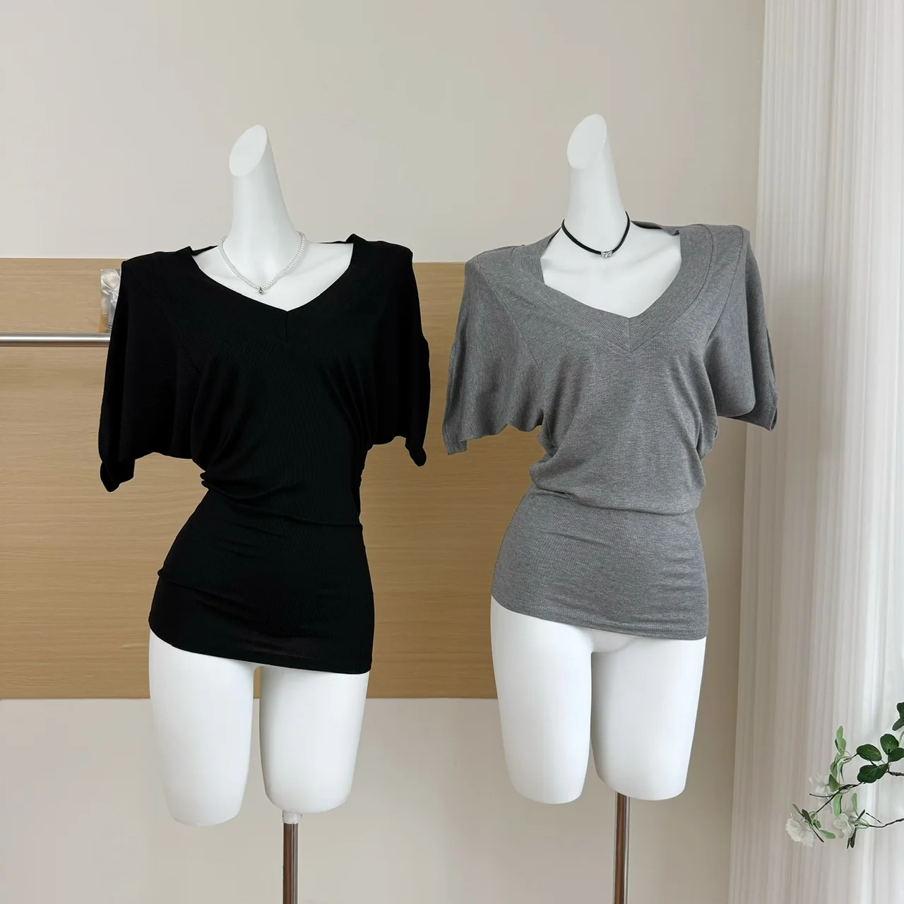 Women's Summer Batwing Sleeve V Neck Elastic Solid Color T Shirt Lady Casual Streetwear Pullover Short Sleeve Slim Tee Top image 3
