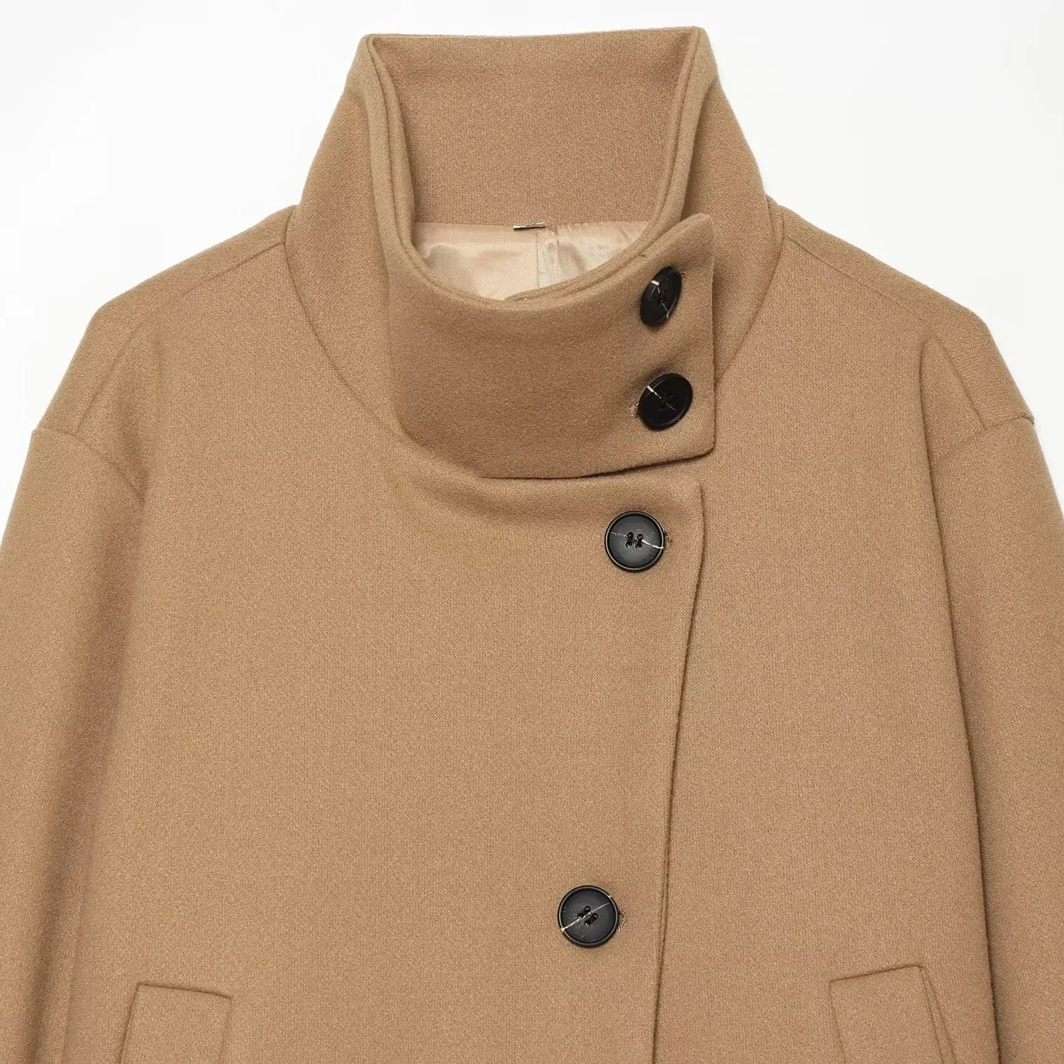 KASLEAD Women's Short Stand Collar Coat Jacket European Style Long Sleeve Polyester Fiber Button Closure Autumn Fashion