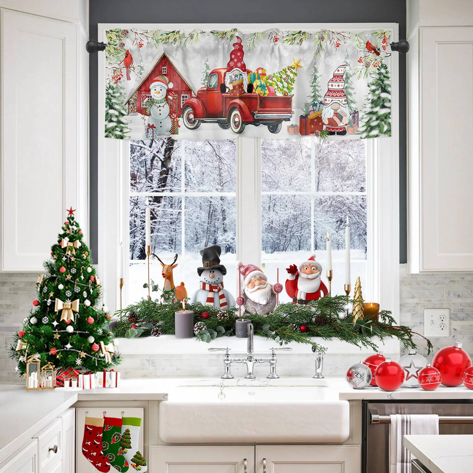 Christmas Truck Snowman Gnome Short Curtains Kitchen Cafe Wine Cabinet Door Window Small Curtains Wardrobe Curtain Home Decor