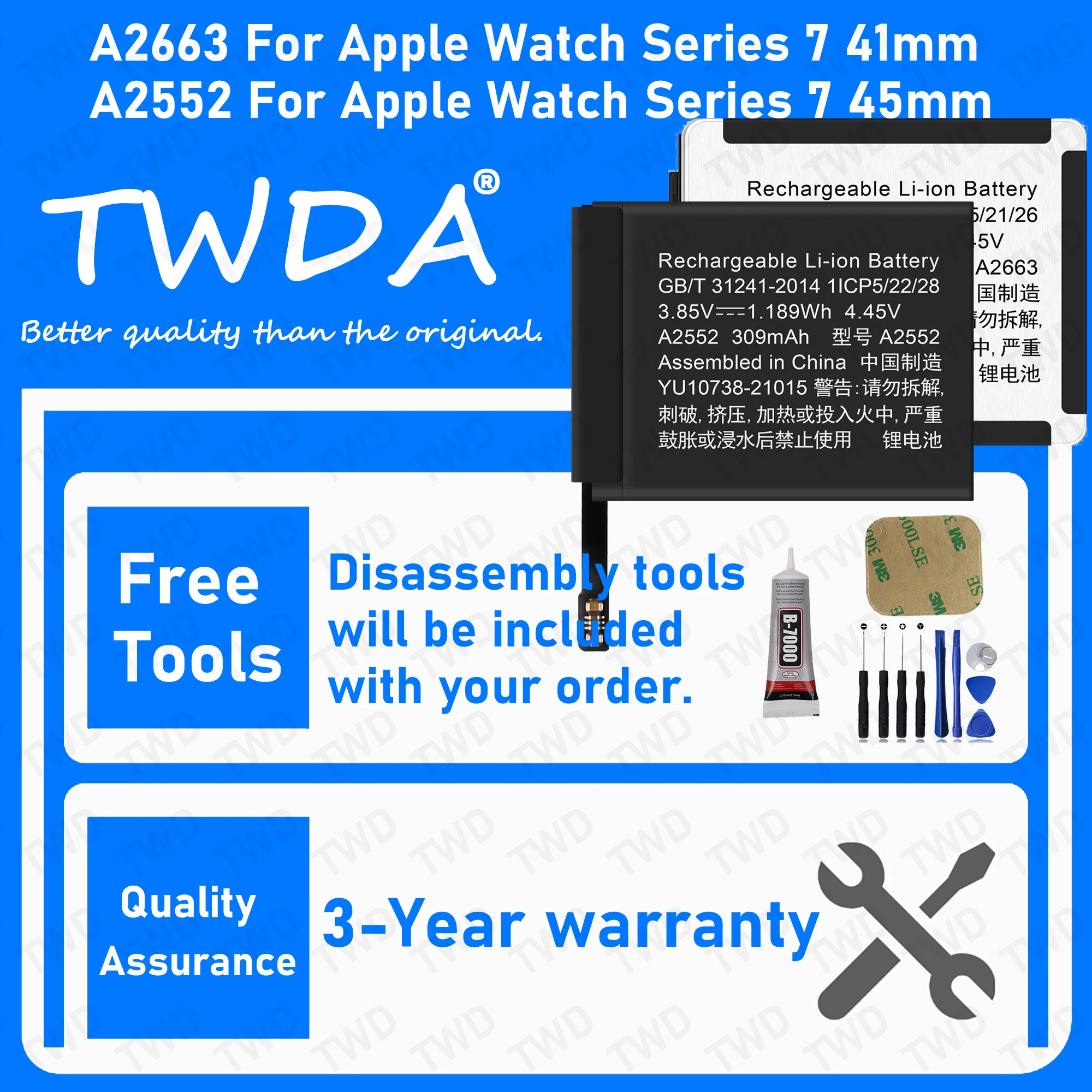 

A2663 A2552 Large capacity Battery For APPLE Series 7 41mm 45mm/iWatch 7 41mm 45mm SmartWatch Batteries +Free Tools