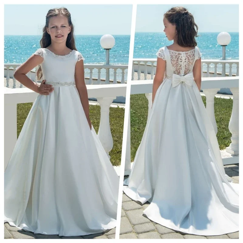 

White Satin Hollow Out Lace Flower Girl Dresses For Weddings Girl For Prom Gowns Birthday First Communion Dress Kids Dress