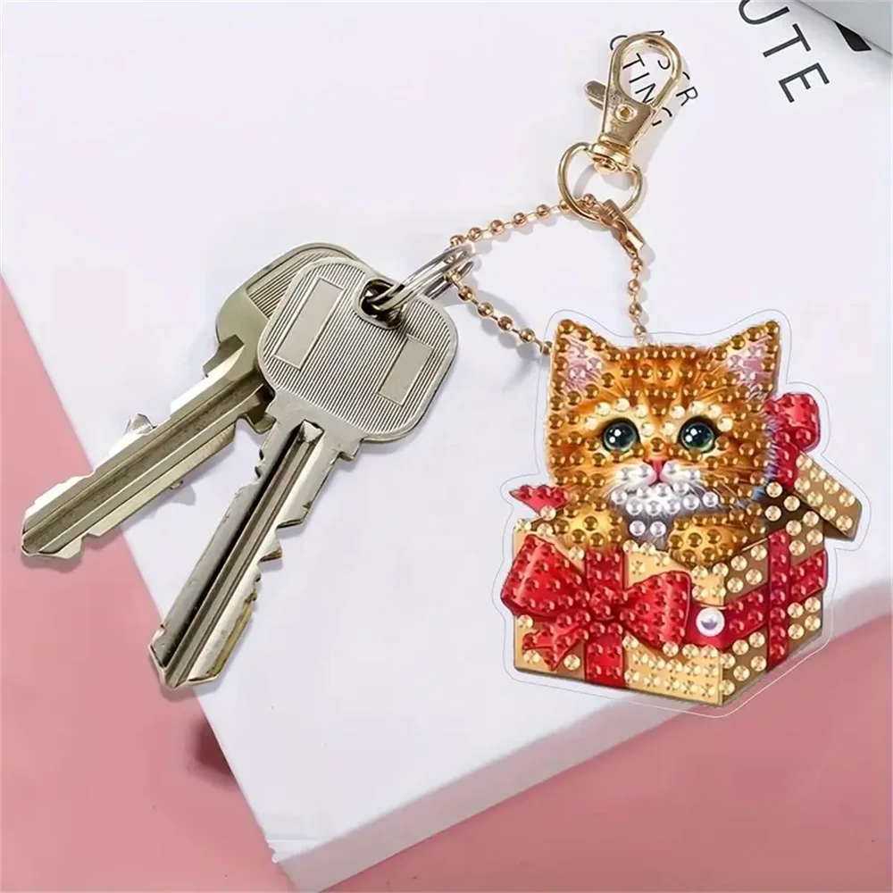 سلسلة مفاتيح ماسية مكونة من 6 قطع - سلسلة نمط القط، ديكور مصنوع يدويًا، مجموعة ألوان ماسية، سلسلة مصنوعة يدويًا #5