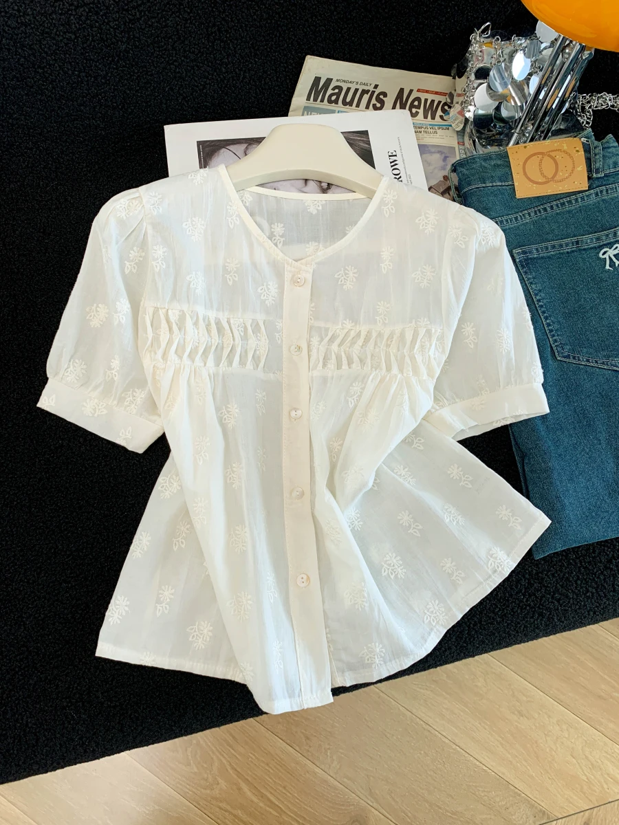 

Sweet Embroidered Flower Bubble Sleeve White Shirt Women's Summer Loose Slimming Short Sleeve Top Japanese Style Cotton Blend