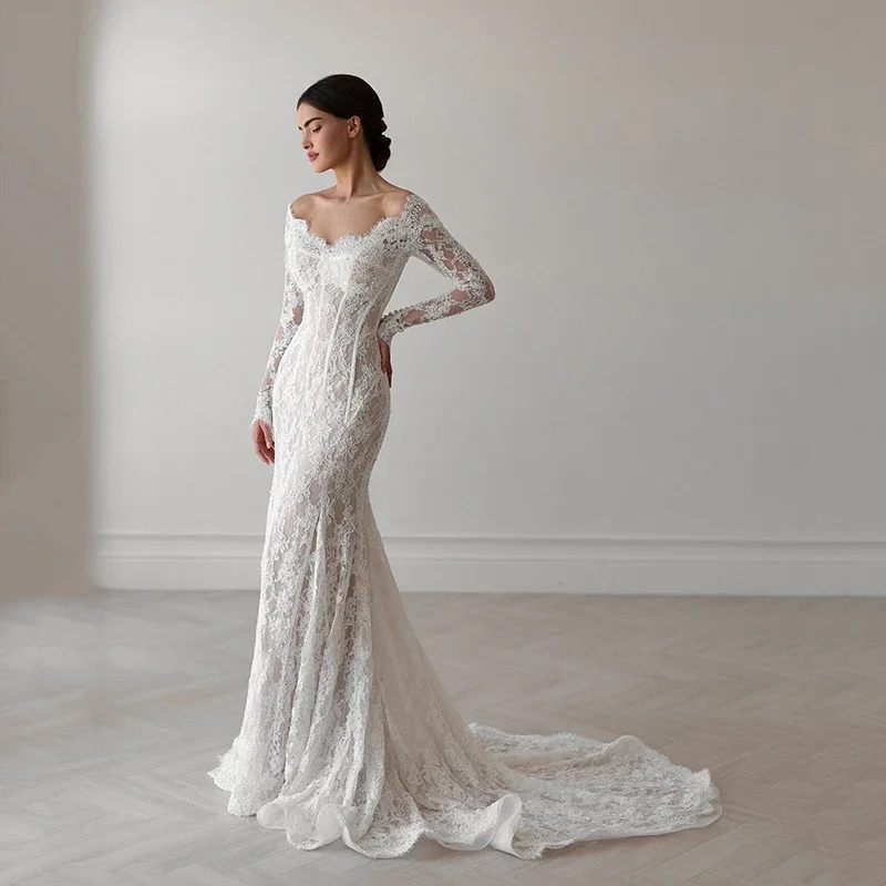 Robe de mariée sirène en dentelle, épaules dénudées, manches longues, élégante, détachable, Robe de bal formelle, personnalisée