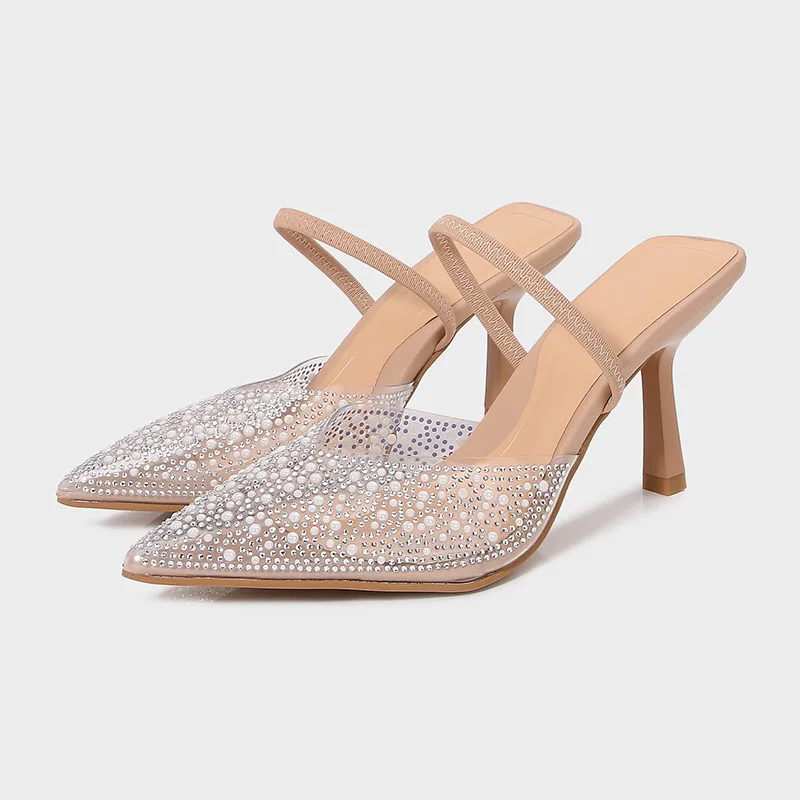 

Za 2025 summer new women's shoes - brown faux pearl embellished open back stiletto heel pointed toe sandals