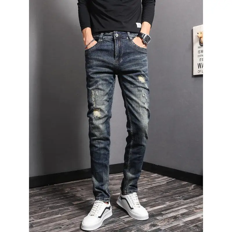 

2022 spring new retro blue washed old jeans men's slim small feet tide brand patch trend long pants streetwear men