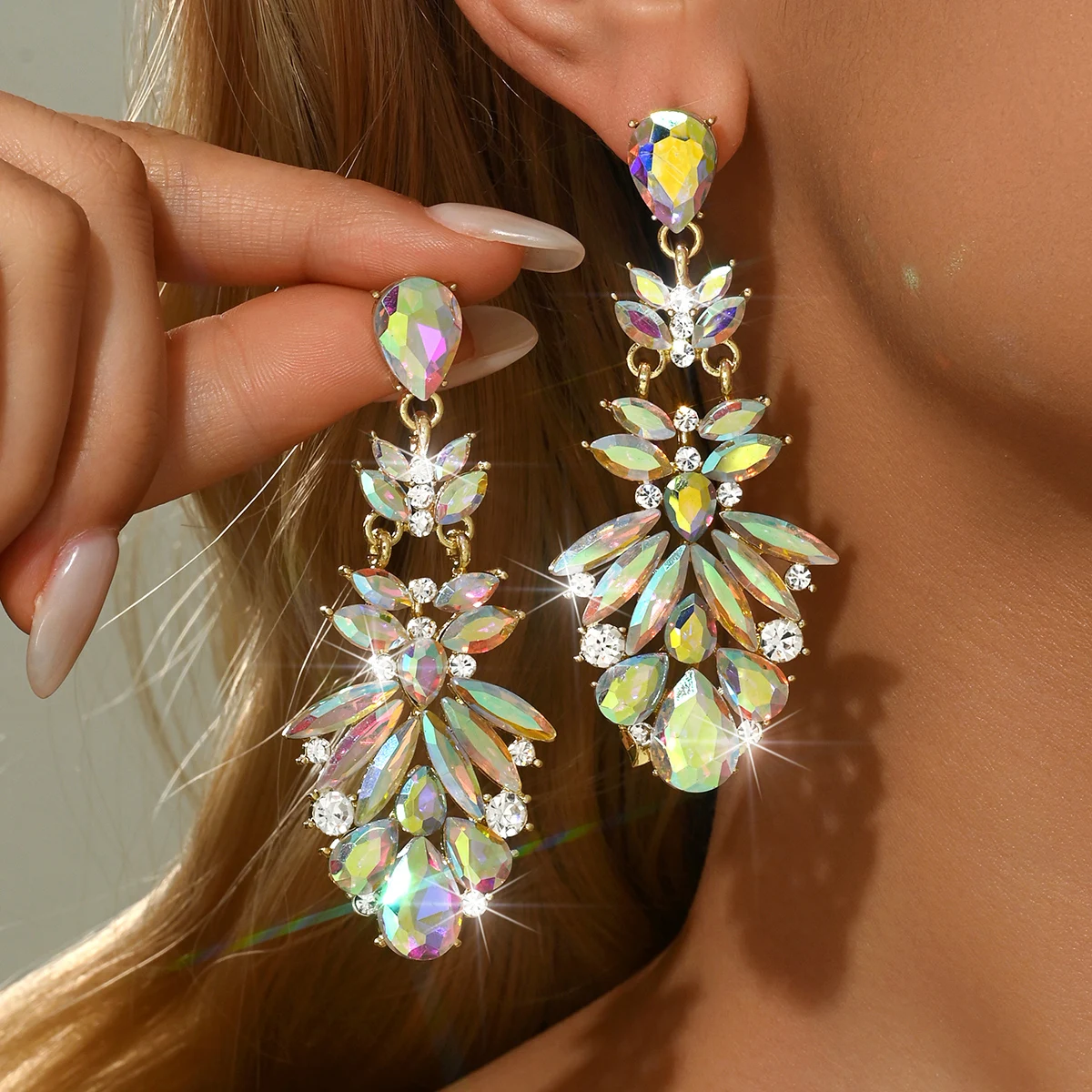 Multicolored Crystal Exaggerated Earrings, Oeil de Boeuf Cut Drooping Studs, Women's Evening Party Highlight Ear Accessories