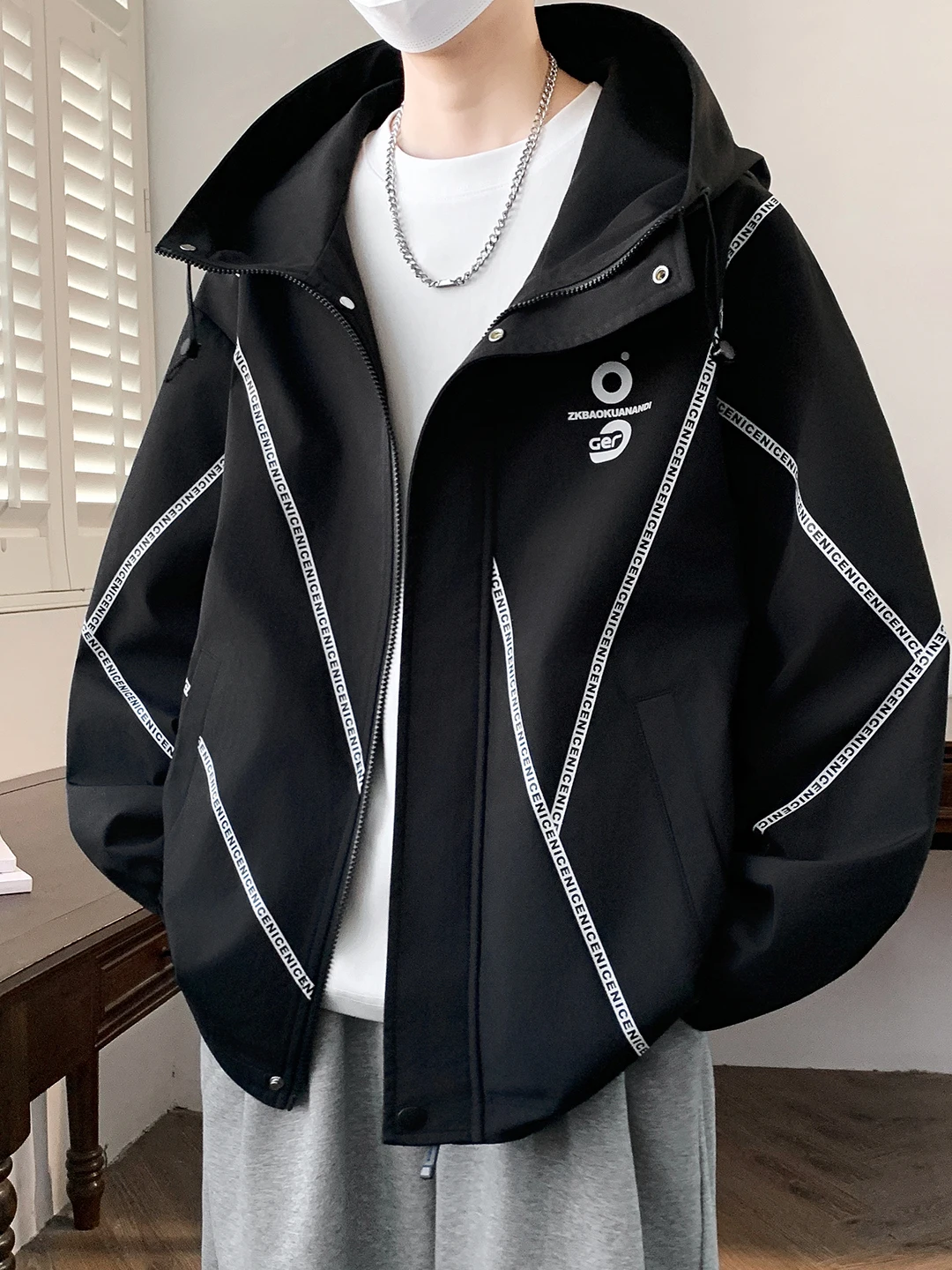 

Loose Fit Men's Hoodie Jaet Spring 2026 Casual Sle Versatile Outerwear Polyester Fiber Long Sve Zipper Closure Coat