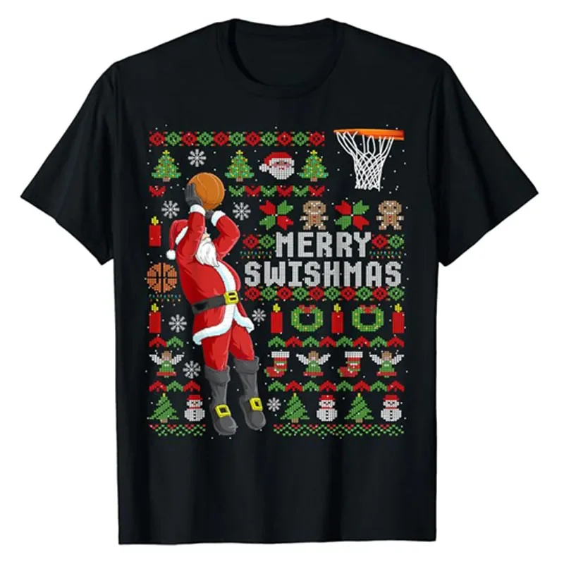 

Xmas Costume Gifts Cool Santa Claus Basketball Outfit Graphic Tee Top Merry Swishmas Ugly Christmas Basketball Christmas T-