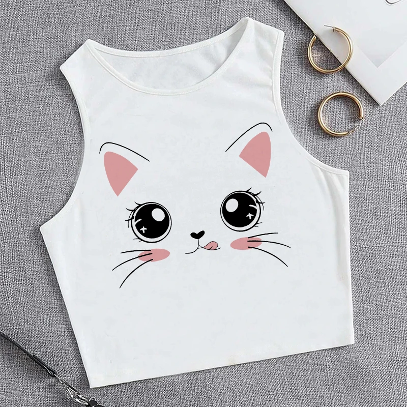 Lustiges Katzen-Meme-Mädchen-Print, bauchfreies, ärmelloses Tanktop für Damen, stilvolle Weste, bauchfreies Top, lässiges T-Shirt, Y2k-Mode, 90er-Jahre-Stil