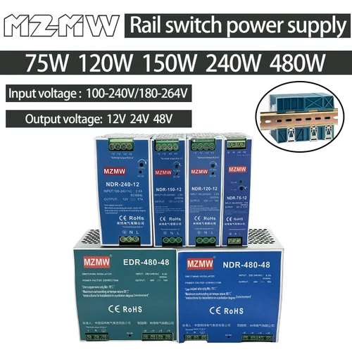Imagen 1 del producto Fuente de alimentación conmutada de carril EDR NDR 75W 120W 150W 240W 480W AC 110V/220V DC 12V 24V 48V unidad de monitoreo exterior de tira LED