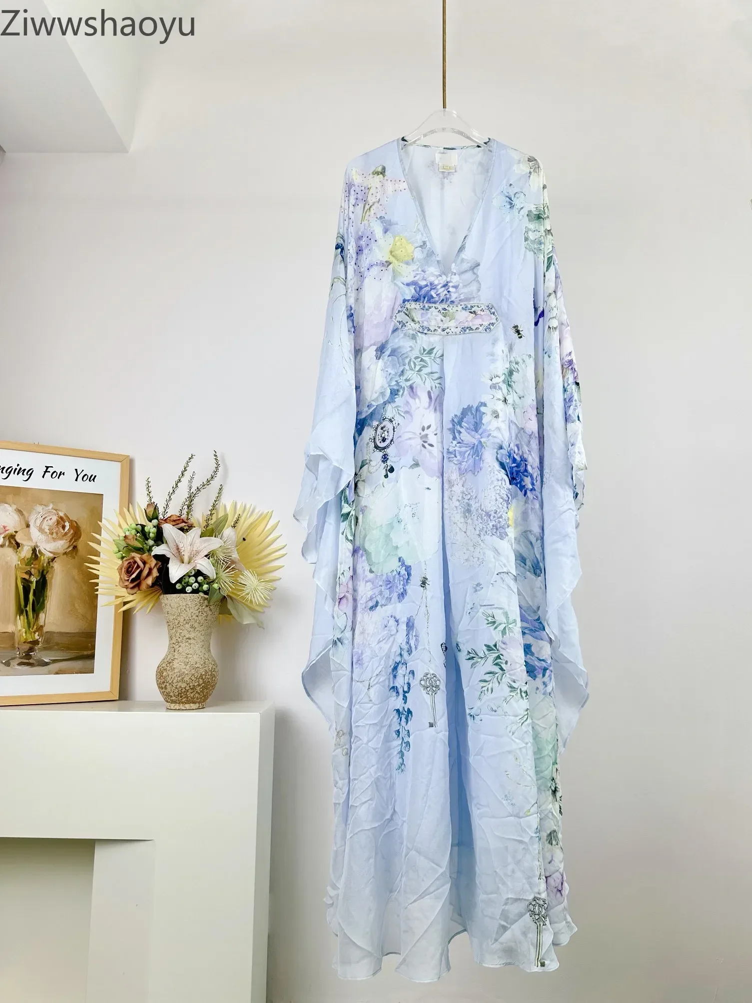 

High Quality Autumn Women Fashion Runway Designer 100% Silk Flower Printed Beaded V-Neck Retro Flare Full Sleeve Maxi Dress