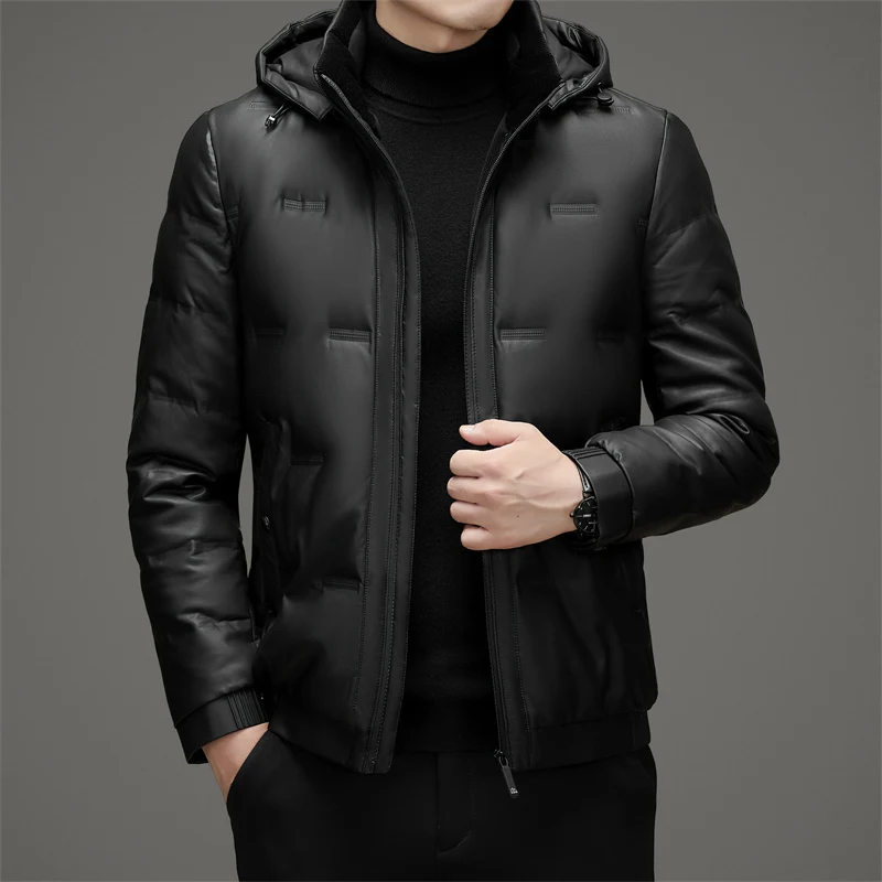 2024 Winter New Men\'s PU Leather Hooded Down Jacket Thickened Cold resistant and Warm Casual Coat with 90% Duck Down Content