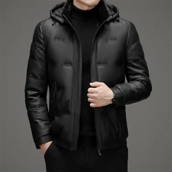 2024 Winter New Men's PU Leather Hooded Down Jacket Thickened Cold resistant and Warm Casual Coat with 90% Duck Down Content