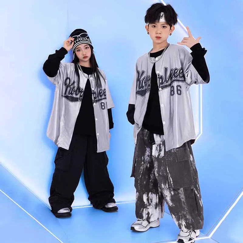 Hip Hop Dance Kostüm Junge Oversize Silber Hemd Street Dance Outfit Shuffle Hosen Mädchen Jazz Dancewear Cooles Kind Streetwear 1597