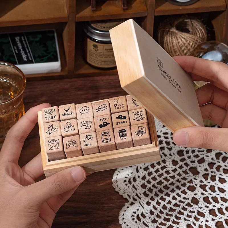 Daily Life 18 Pcs Wood Seal Set Box Diy Diary Decoration Material Stamp Wooden Box 4 Options Wooden Seal Gift