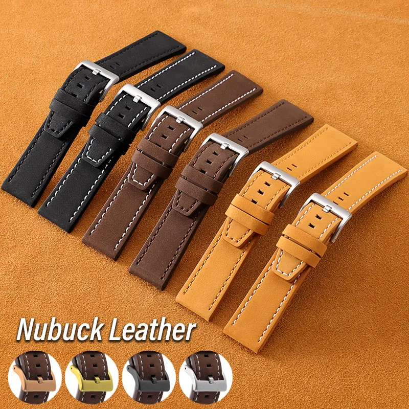 Vintage Nubuck Leather Watch Strap 18mm 20mm 22mm 24mm Premium Hand-Stitched Perforated Band Durable Sport Replacement Bracelet