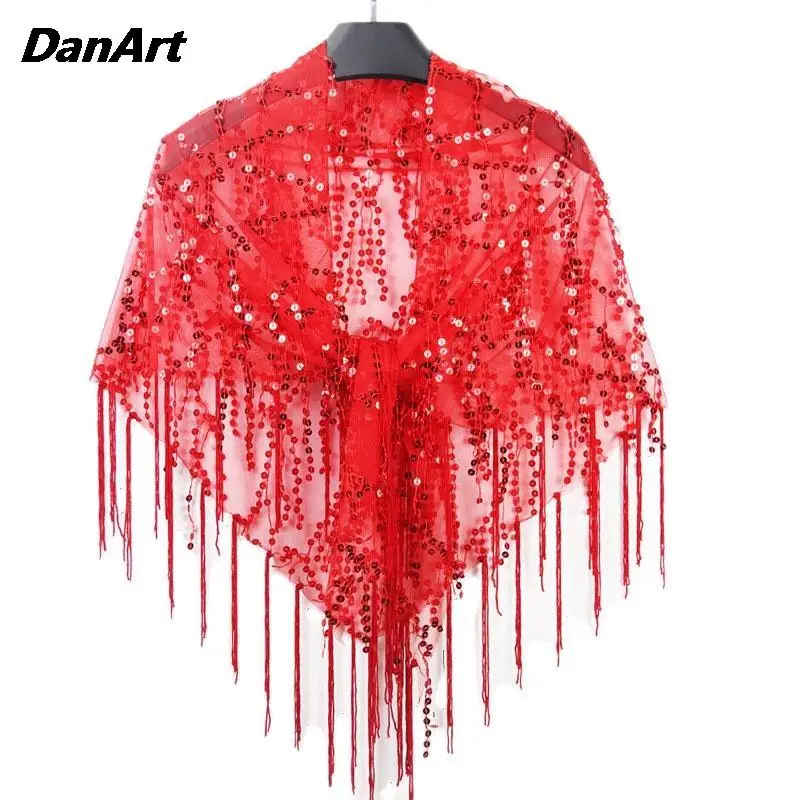 Sequins Tassel Thin Mesh Shawl para Mulheres, Hollow Out Triangle Scarf, Ladies Casual Brilhante Fringe Vestidos de Noite Xaile, Sexy