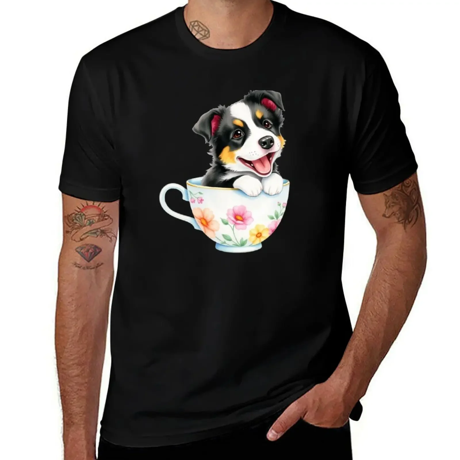 

Border Collie Puppy in a Teacup T-Shirt custom shirt anime clothes graphic tee shirt shirts graphic mens t shirts top quality