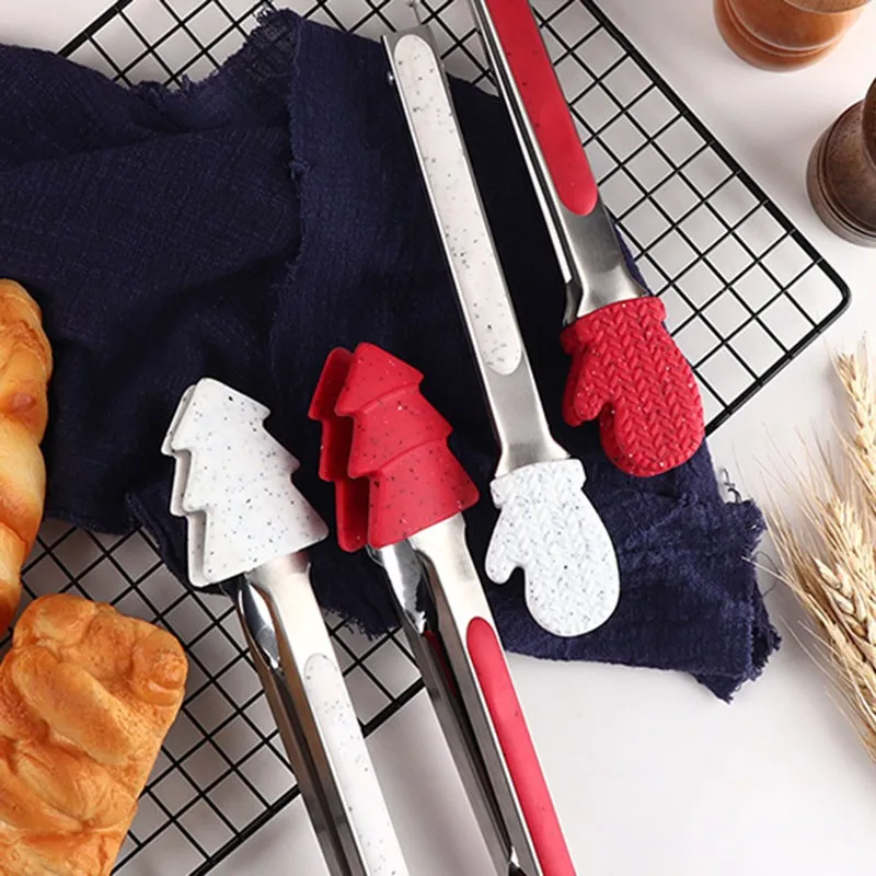 Silicone Food Clip Christmas Style Baking Tongs Stainless Steel Bread Clamp Heat Resistant Barbecue Clip for Home Kitchen Picnic