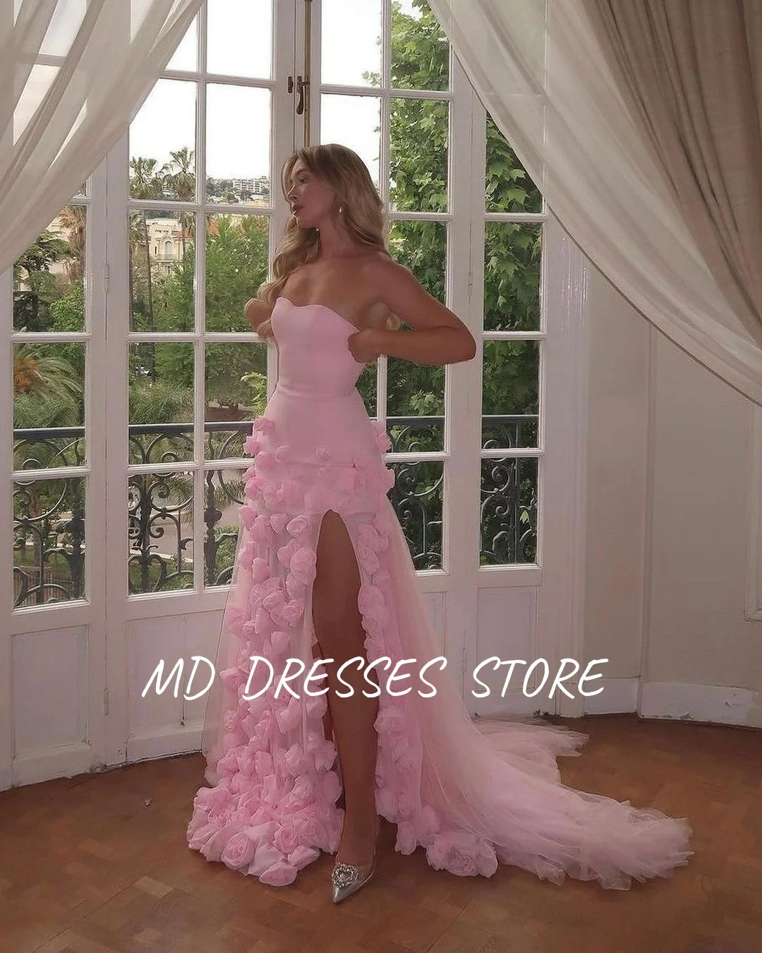MD Modern Pink Abito da sera Spacco alto laterale Sweetheart A-line con fiori fatti a mano Prom Down abiti da festa Personalizzato 2025