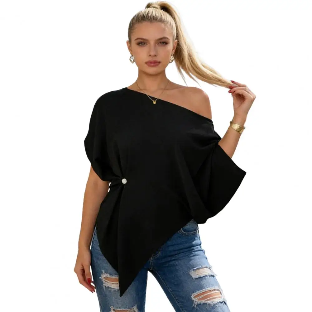 

Женская футболка 2026 с асимметричным воротником, рукавами «летучая мышь», укороченным рукавом, приталенным силуэтом, однотонная, свободного кроя, с наклонным воротником