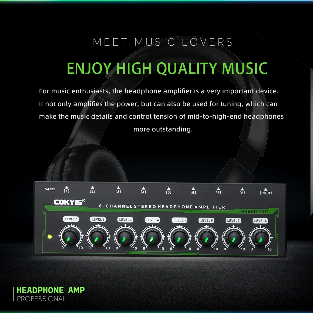 HA800 PRO 8 Channel Headset Amplifier Audio Stereo Audio Amplifier With Power Adapter for Music Mixer Recording EU/USplug