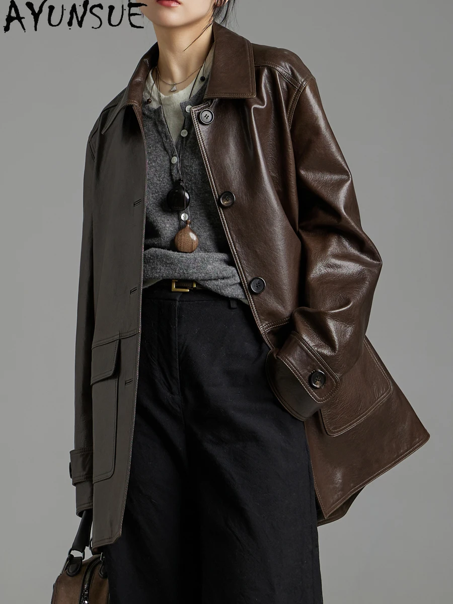 AYUNSUE Wysokiej Jakości Kurtka Damska z Prawdziwej Skóry Owczej 2025 Płaszcze Damskie Wiosenne Jesienne Ubrania Płaszcz Trencz Średniej Długości